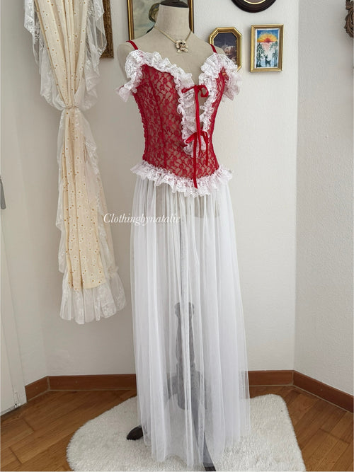 VTG Frilly Red White Lace Maxi Lingerie size S