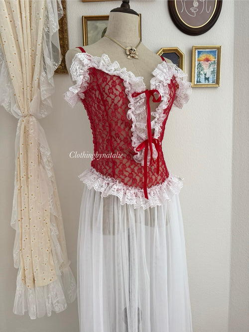 VTG Frilly Red White Lace Maxi Lingerie size S