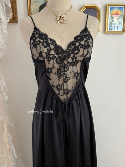 Donna Richard Black Nylon Lace Peignoir Size S/M