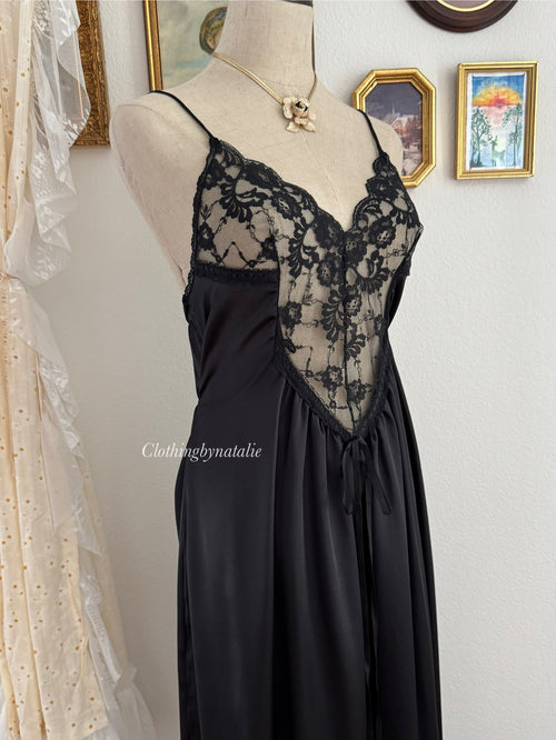Donna Richard Black Nylon Lace Peignoir Size S/M