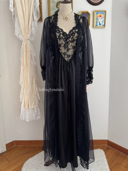 Donna Richard Black Nylon Lace Peignoir Size S/M