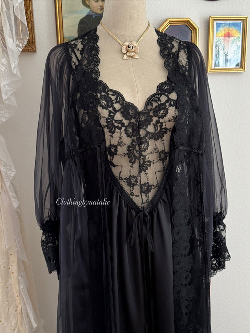 Donna Richard Black Nylon Lace Peignoir Size S/M