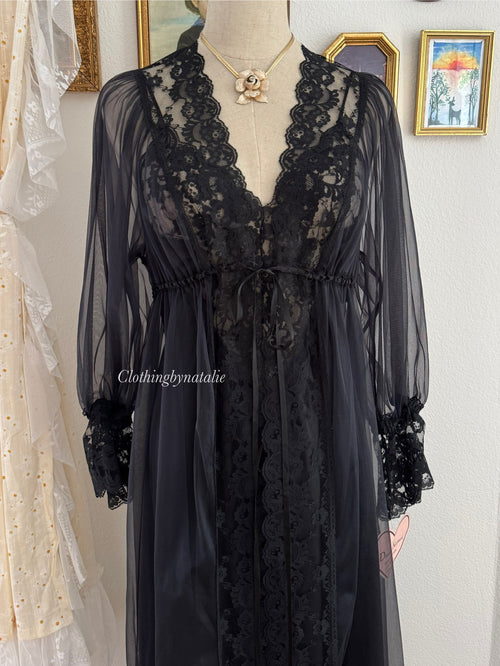 Donna Richard Black Nylon Lace Peignoir Size S/M