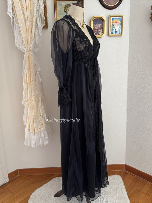 Donna Richard Black Nylon Lace Peignoir Size S/M