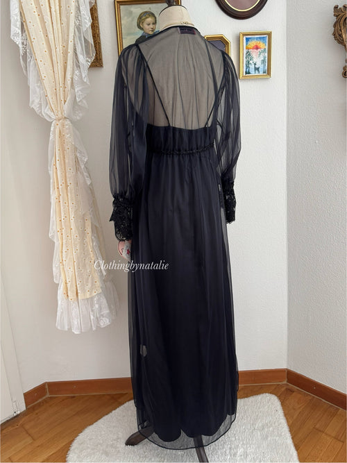 Donna Richard Black Nylon Lace Peignoir Size S/M