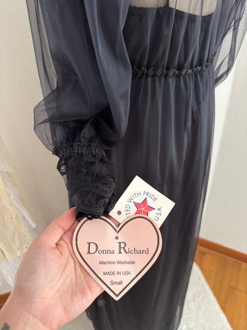 Donna Richard Black Nylon Lace Peignoir Size S/M