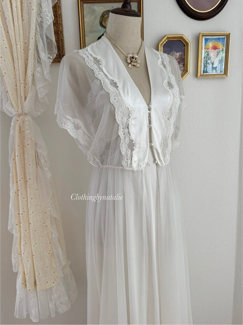 Vandemere White Nylon Chiffon Lace Peignoir size S