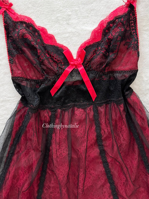 Whimsical Black Red Lace Babydoll Size S