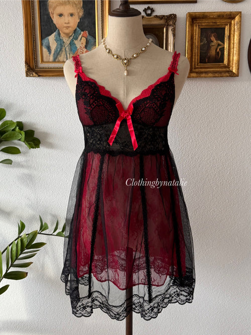 Whimsical Black Red Lace Babydoll Size S