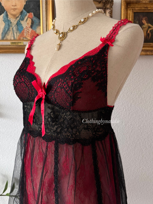 Whimsical Black Red Lace Babydoll Size S