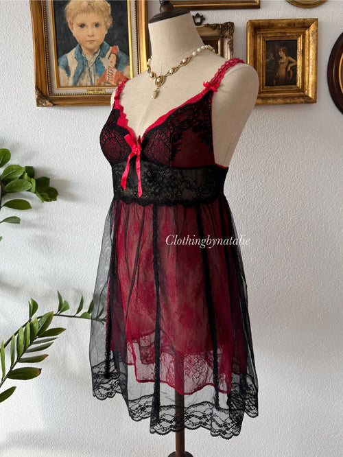 Whimsical Black Red Lace Babydoll Size S