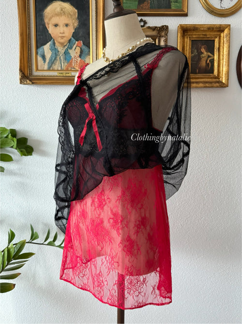 Whimsical Black Red Lace Babydoll Size S