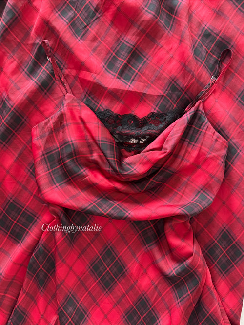 Gingham Red Satin Maxi Dress Size S