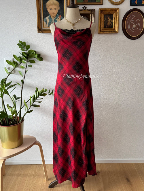 Gingham Red Satin Maxi Dress Size S