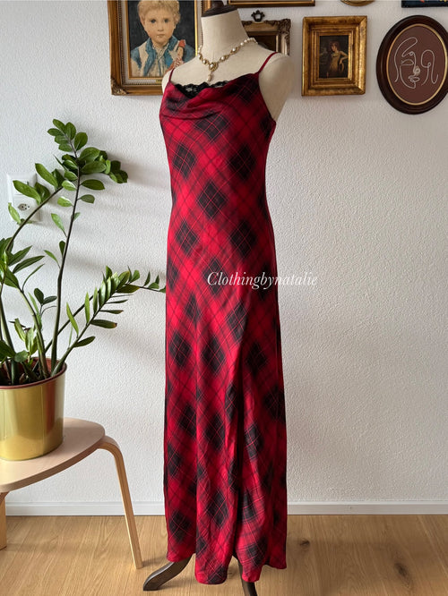 Gingham Red Satin Maxi Dress Size S
