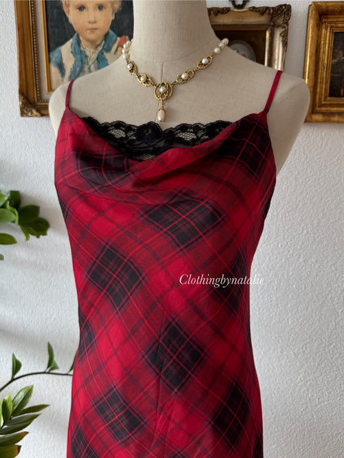Gingham Red Satin Maxi Dress Size S