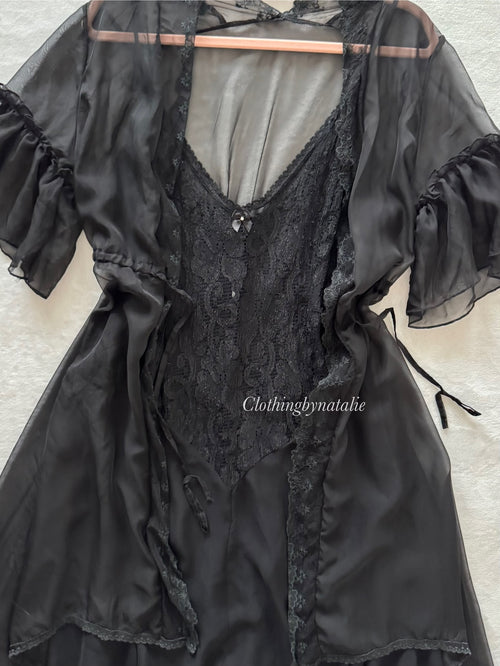 Vintage Black Chiffon Peignoir Set Size S/M