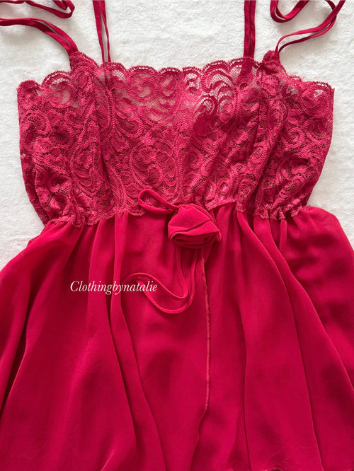 Romantic Red Chiffon Lace Mini Dress Size S