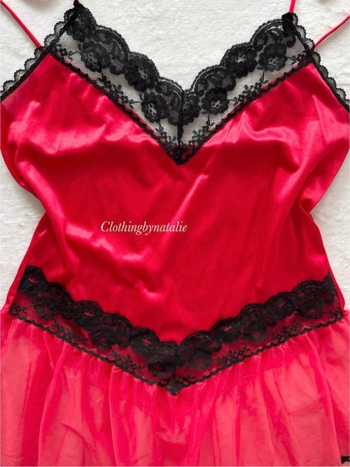 Vintage Red Nylon Chiffon Babydoll Size S/M