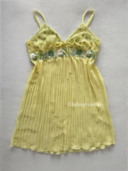 Yellow Pleated Chiffon Slip Dress Size M
