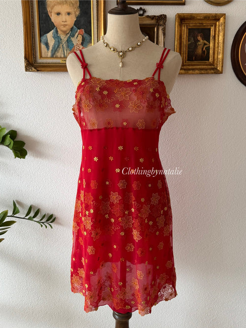 Embroidery Red Lace Slip Size M