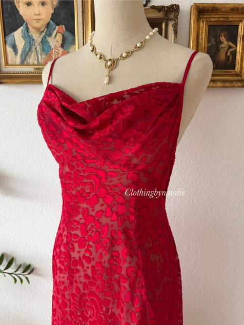 “Silk&Satin” Red Brocade Maxi Slip Size S
