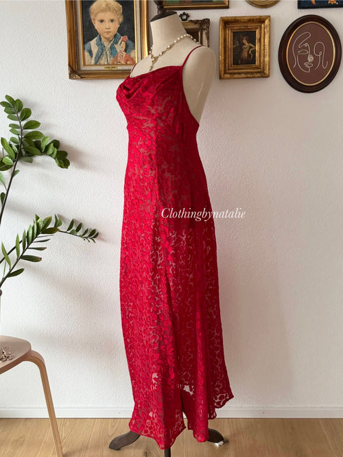“Silk&Satin” Red Brocade Maxi Slip Size S