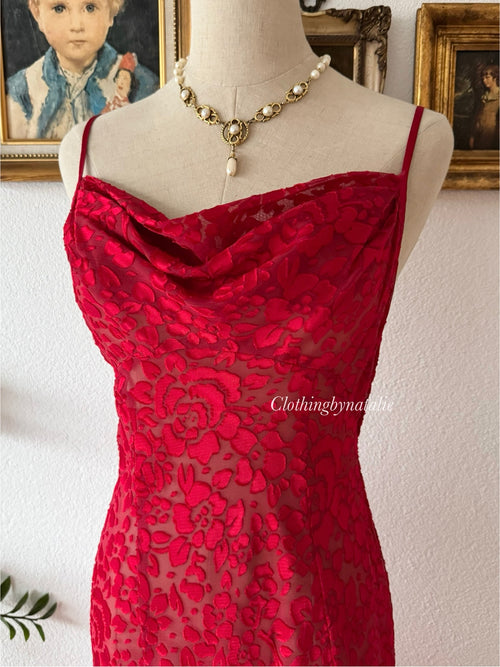 “Silk&Satin” Red Brocade Maxi Slip Size S