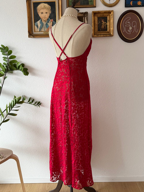 “Silk&Satin” Red Brocade Maxi Slip Size S