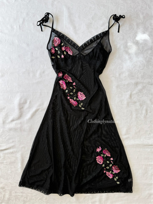 Embroidery Black Mesh Slip Dress (XS)