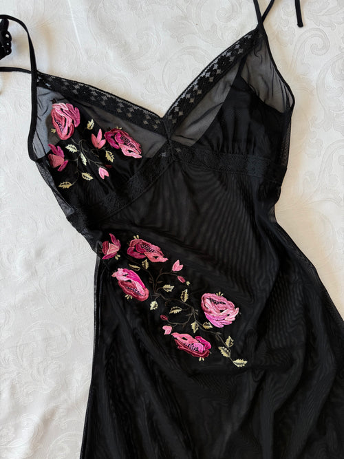 Embroidery Black Mesh Slip Dress (XS)