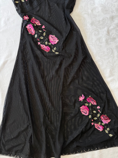 Embroidery Black Mesh Slip Dress (XS)