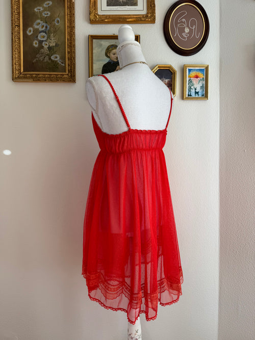 Embroidery Red Sheer Mesh Babydoll (S/M)