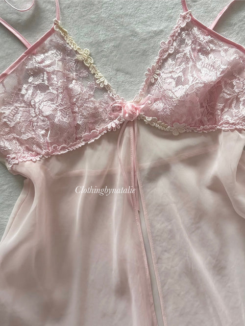 Cinema Etoile Pink Chiffon Lace Babydoll Size M