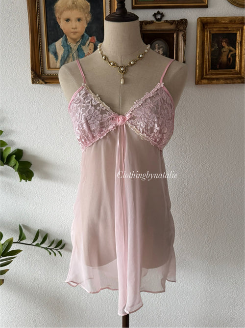 Cinema Etoile Pink Chiffon Lace Babydoll Size M