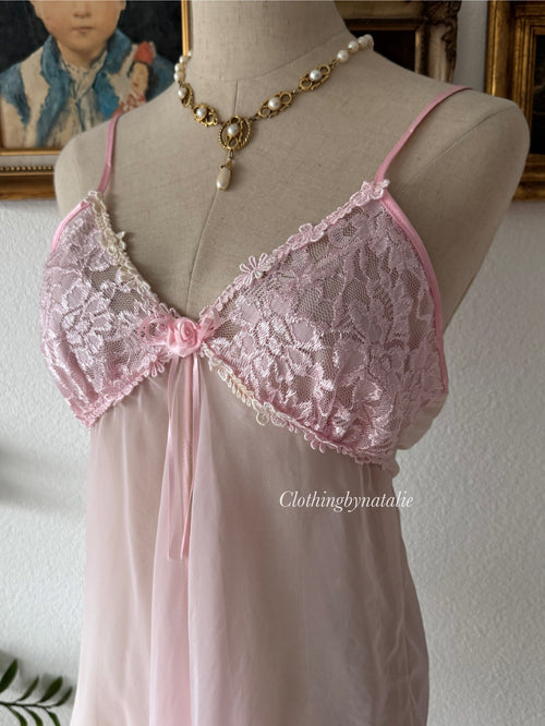 Cinema Etoile Pink Chiffon Lace Babydoll Size M