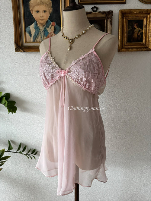 Cinema Etoile Pink Chiffon Lace Babydoll Size M