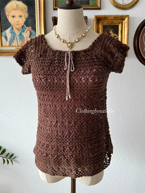 Brown Pink Crochet Blouse Set Size S