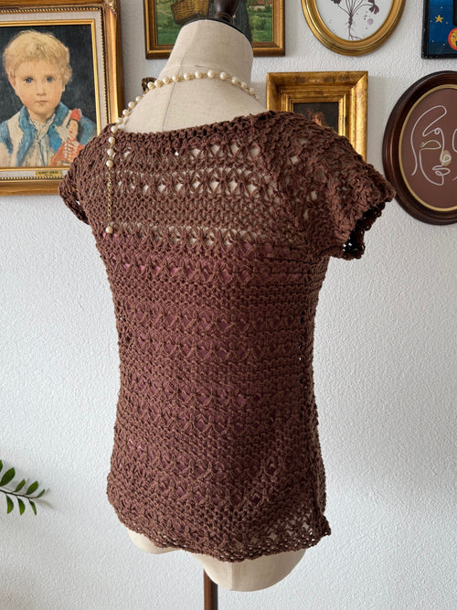 Brown Pink Crochet Blouse Set Size S