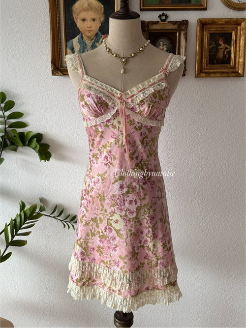 Floral Pink Satin Slip Dress Size XS