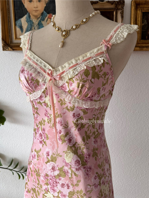 Floral Pink Satin Slip Dress Size XS