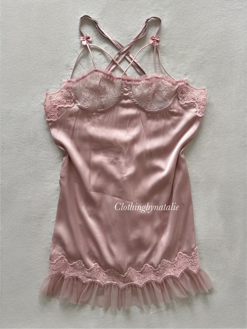 Romantic Pink Satin Mini Dress Size XS