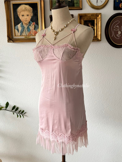 Romantic Pink Satin Mini Dress Size XS