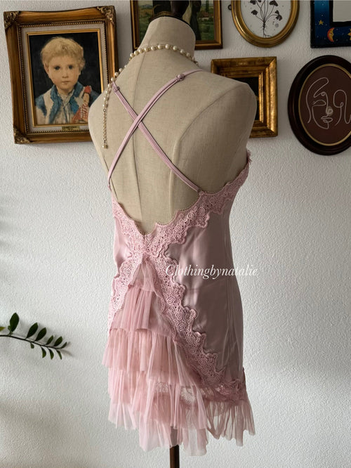 Romantic Pink Satin Mini Dress Size XS