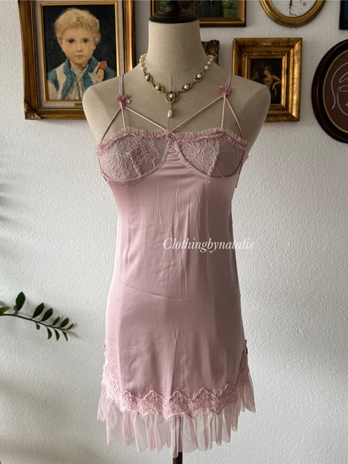 Romantic Pink Satin Mini Dress Size XS