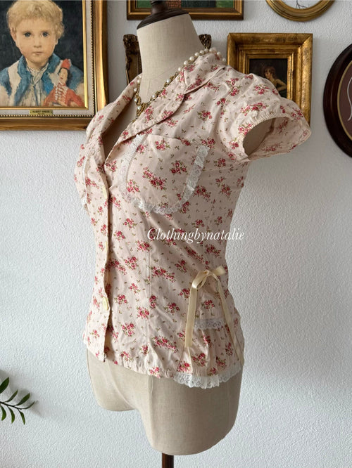 Y2K Floral Cotton Blouse Size XS