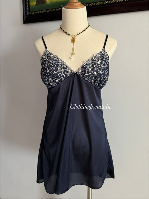 Embroidery Navy Nylon Slip size S/small M