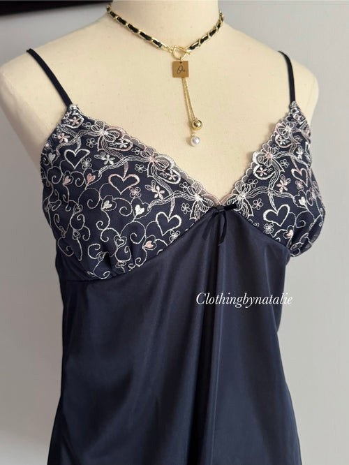 Embroidery Navy Nylon Slip size S/small M