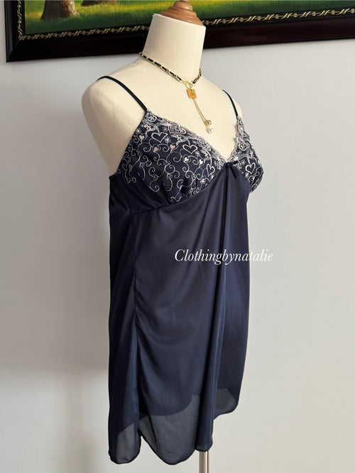 Embroidery Navy Nylon Slip size S/small M