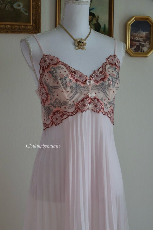 Embroidery Pink Chiffon Slip Dress (S/M)